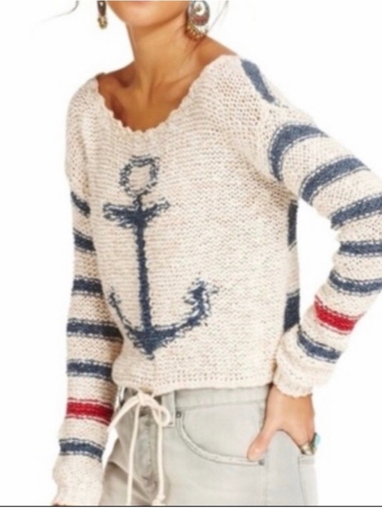 Free People Tops - Free People Nautical Anchor Knit Sweater - Cream with Navy & Red size M